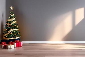Christmas concept. Decorated Christmas Tree Near Fireplace at Home. photo