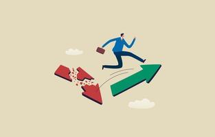 recuperación económica. cambiar de giro descendente a ascendente. hombre de negocios saltando de flecha descendente a flecha ascendente. ilustración