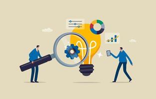 Ideas Analysis for Business. Project initiation, The first step to successful project management.  Two businessmen searching for information from a big light bulb. Illustration vector