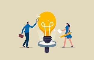 Business analysis. Explore and research business idea. Businessman and Business woman verify or validate light bulb. Illustration vector
