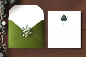 maqueta para una carta o invitación de boda con ramas y hojas. Cobertura natural de luz y sombra. foto