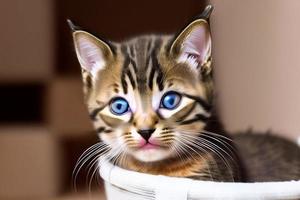 Cute and curious, playful kitten looks around. Close-up. photo