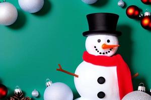 Funny snowman. Merry christmas and happy new year greeting card. Snowy background. photo