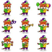 Vector illustration Tiger wearing mardi gras clothes in different poses isolated on white background. A cartoon illustration of a Mardi Gras Tiger. Mardi Gras jester, set.