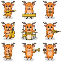 Vector Illustration of Cute Deer playing music instruments. Set of cute Deer characters. Cartoon animal play music. Animals musicians.