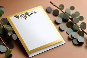 Mockup for a letter or wedding invitation with branches and leaves. Natural light and shade coverage. photo