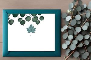 Mockup for a letter or wedding invitation with branches and leaves. Natural light and shade coverage. photo