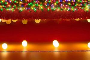 Christmas concept. Decorated Christmas Tree Near Fireplace at Home. photo