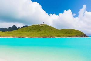 Beautiful tropical beach with blue ocean. White sand tropical paradise beach background summer vacation concept. photo