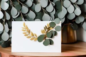 Mockup for a letter or wedding invitation with branches and leaves. Natural light and shade coverage. photo