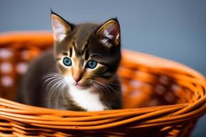 Cute and curious, playful kitten looks around. Close-up. photo