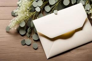 Mockup for a letter or wedding invitation with branches and leaves. Natural light and shade coverage. photo