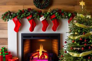 Christmas concept. Decorated Christmas Tree Near Fireplace at Home. photo