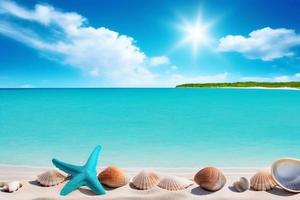 Beautiful tropical beach with blue ocean. White sand tropical paradise beach background summer vacation concept. photo