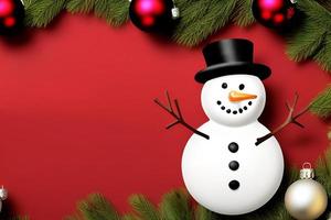 Funny snowman. Merry christmas and happy new year greeting card. Snowy background. photo