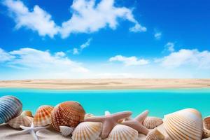 Beautiful tropical beach with blue ocean. White sand tropical paradise beach background summer vacation concept. photo