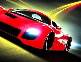High speed sports car in the city. Neon night city background. photo