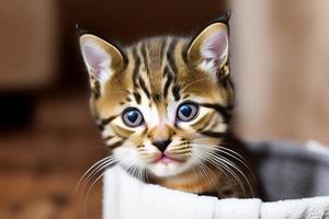 Cute and curious, playful kitten looks around. Close-up. photo