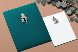 Mockup for a letter or wedding invitation with branches and leaves. Natural light and shade coverage. photo