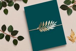 Mockup for a letter or wedding invitation with branches and leaves. Natural light and shade coverage. photo