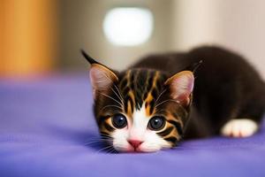 Cute and curious, playful kitten looks around. Close-up. photo
