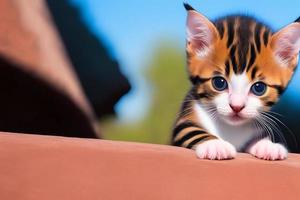 Cute and curious, playful kitten looks around. Close-up. photo