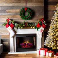 Christmas concept. Decorated Christmas Tree Near Fireplace at Home. photo