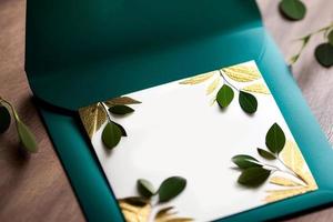 Mockup for a letter or wedding invitation with branches and leaves. Natural light and shade coverage. photo