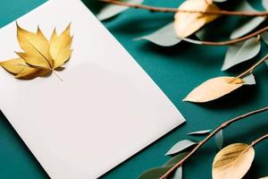 Mockup for a letter or wedding invitation with branches and leaves. Natural light and shade coverage. photo