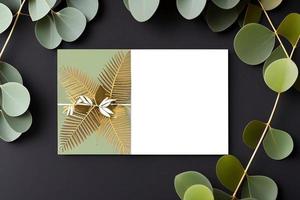 Mockup for a letter or wedding invitation with branches and leaves. Natural light and shade coverage. photo