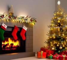 Christmas concept. Decorated Christmas Tree Near Fireplace at Home. photo