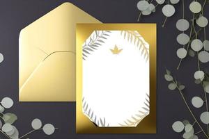 Mockup for a letter or wedding invitation with branches and leaves. Natural light and shade coverage. photo