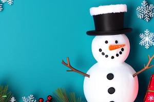 Funny snowman. Merry christmas and happy new year greeting card. Snowy background. photo