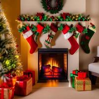 Christmas concept. Decorated Christmas Tree Near Fireplace at Home. photo