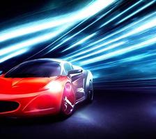 High speed sports car in the city. Neon night city background. photo