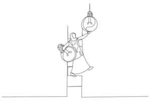 Drawing of muslim businesswoman leader climb up ladder to change lightbulb idea. Change to new innovation. Single line art style vector