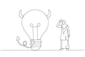 Cartoon of muslim businesswoman looking at devil lightbulb doubting it bad idea. Stupid mistake or poor idea. Continuous line art vector