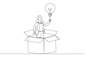 Drawing of businesswoman get out of paper box with new illumination lightbulb idea. Think outside the box. Single line art style vector