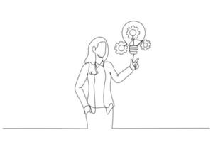 Cartoon of businesswoman presenting innovative lightbulb with cogs and gears concept of Innovation. Single continuous line art style vector