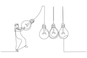 el dibujo del gerente de un hombre de negocios musulmán árabe tira de una bombilla brillante como péndulo para transferir conocimientos. un estilo de arte de línea continua vector