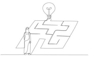 Drawing of arab muslim businessman looking idea in the maze labyrinth concept of achieving the goal. Single continuous line art style vector