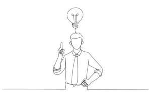 Drawing of businessman happy after got new idea. Single continuous line art style vector