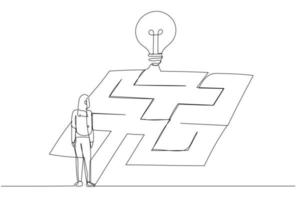 Drawing of businesswoman looking idea in the maze labyrinth concept of achieving the goal. Single line art style vector