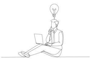 Drawing of young businessman with laptop has an idea. Single continuous line art style vector