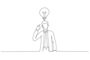 Illustration of businessman pointing to head with one finger found and remember idea. Single continuous line art vector