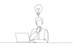 Cartoon of thoughtful businessman think of online project looking at laptop at workplace. One line art style vector