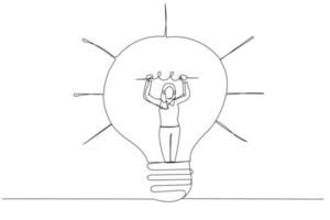 Cartoon of businesswoman go inside light bulb to fix or invent new idea metaphor of entrepreneurship. One line style art vector