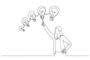 Illustration of businesswoman with different sizes of idea. Continuous line art vector