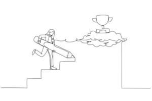 Cartoon of businesswoman use pencil to create his own stair to success metaphor of way to success. Continuous line art vector