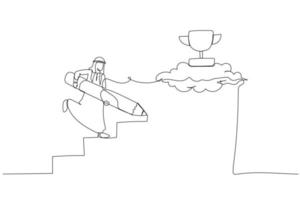 Drawing of arab businessman use pencil to create his own stair to success metaphor of way to success. Single line art style vector